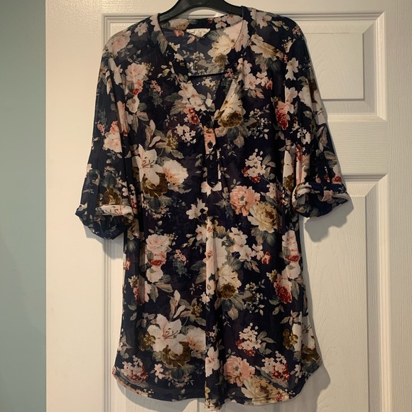 Siren Lily Tops - Sheer Dark Blue Pink Floral V-Neck 3/4 Sleeve Top